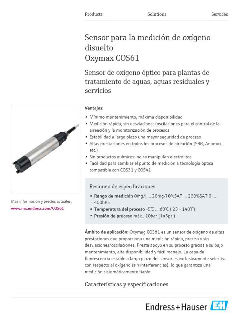 COS61-A1F0, Endress + Hauser, Sensor de oxígeno disuelto Oxymax COS61,