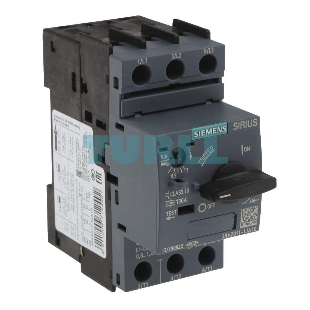 3RV2011-1JA10, Siemens, Guradamotor, proteccion de motor, CLASS 10 A-release 7...10 A N release 130 A Tornillos.
