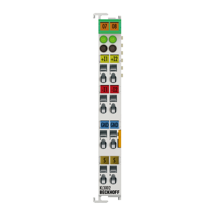 KL3002, Beckhoff Automation, El terminal de entrada analógica maneja señales en el rango de -10 a +10 V.