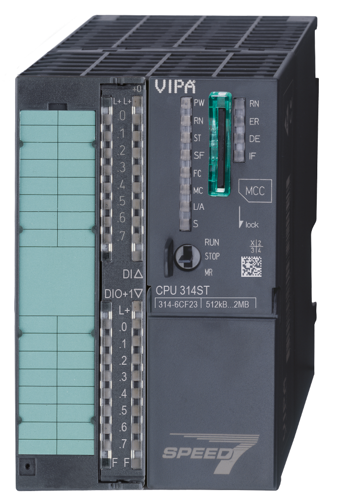 314-6CF23, VIPA, 300S+ CPU314ST/DPM, CPU Programable, Clase C, SPEED7, 8DI, 8DIO, 4AI, 2AO, 1 AI, 512kB