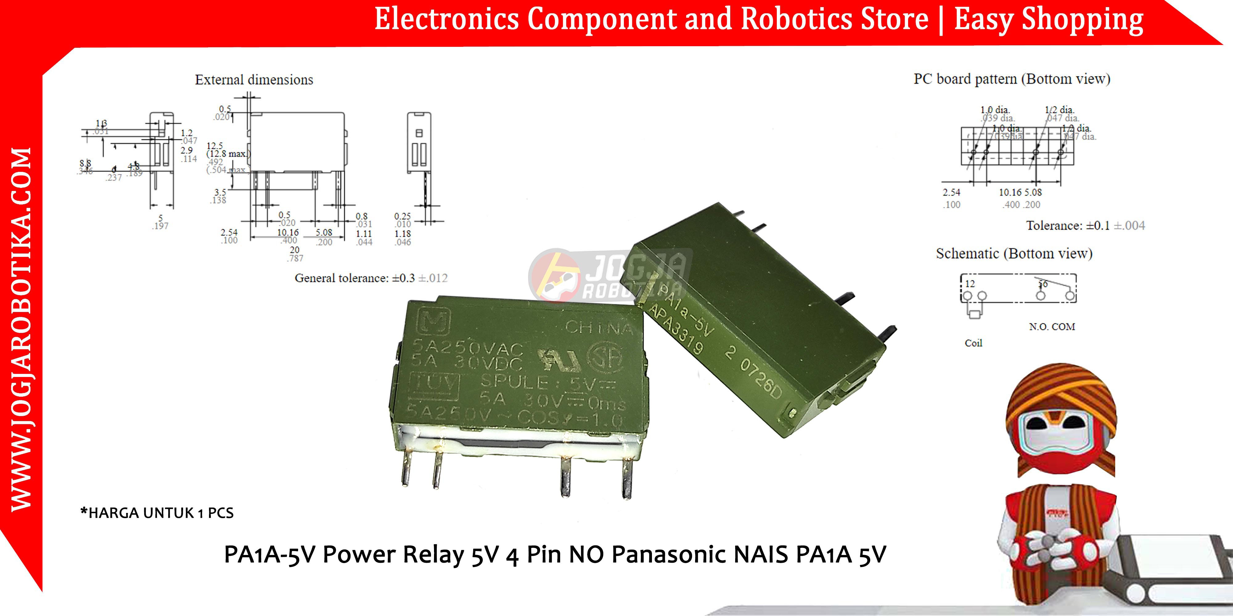 PA1A-5V, NAIS, Relé de uso general SPST-NO (1 forma A) Orificio pasante de bobina de 5 VCC de Panasonic Electric Works.