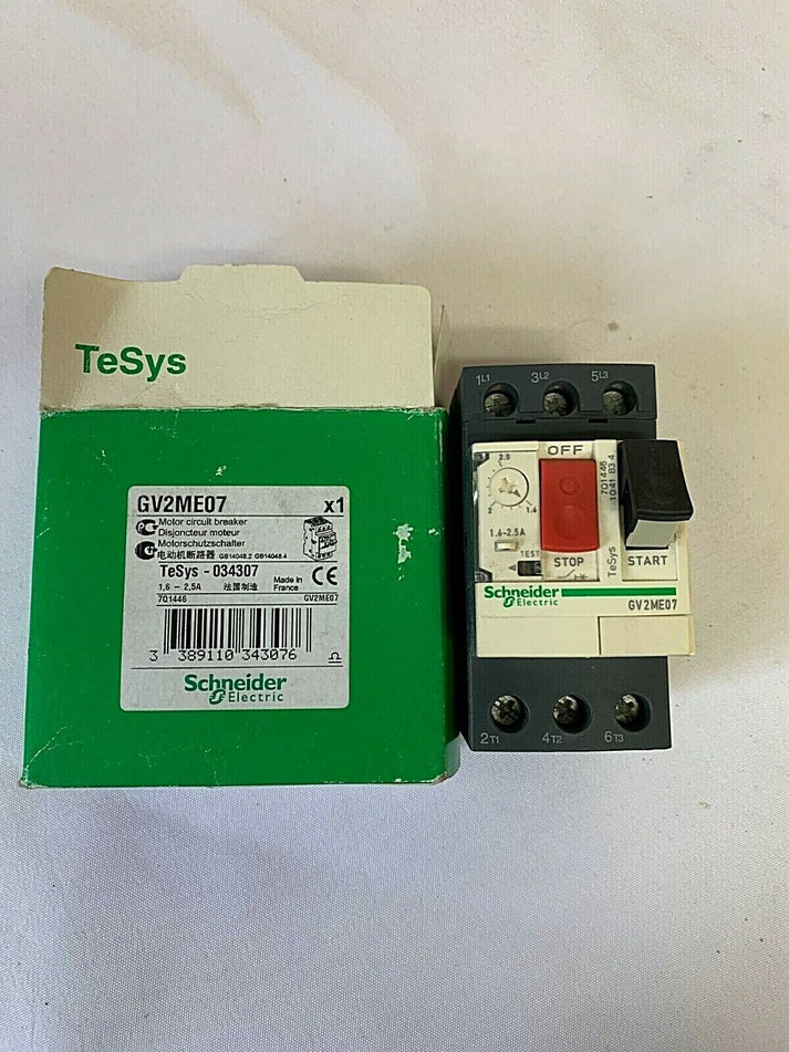 GV2ME07, Telemecanique, manual, protector de motor, TeSys GV2, protector de circuito magnético térmico, pulsadores, 1,6 a 2,5 A, abrazadera de tornillo