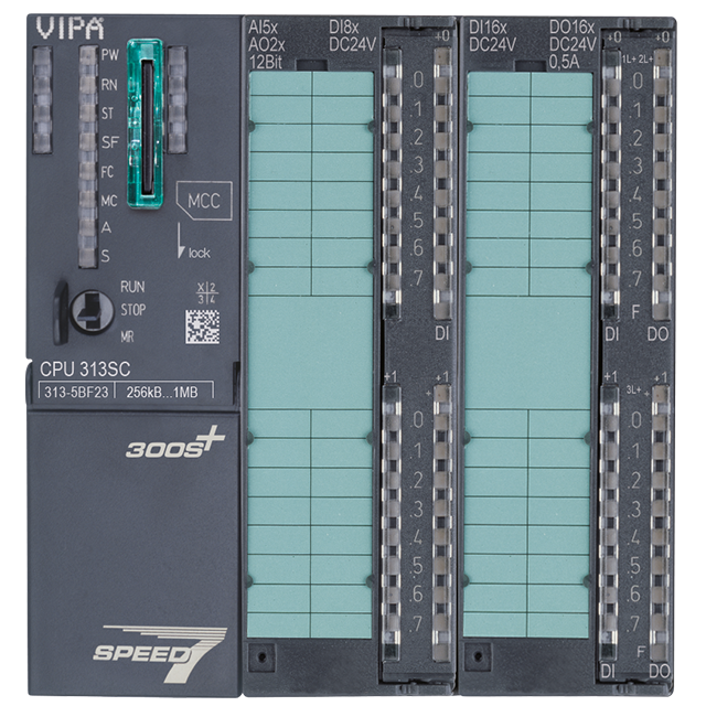 313-5BF23, VIPA, 300S CPU313SC. tecnología SPEED7; 24 Entradas Digitales; 16 Salidas Digitales; 5 entradas analógicas; 2 salidas analógicas; 1 entrada analógica Pt100