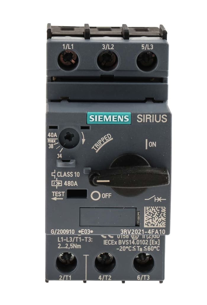 3RV2021-4FA10, SIEMENS, Guardamotor SIRIUS Innovations, S0, Clase 10, Regulación: 34 - 40 A (TORNILLO)