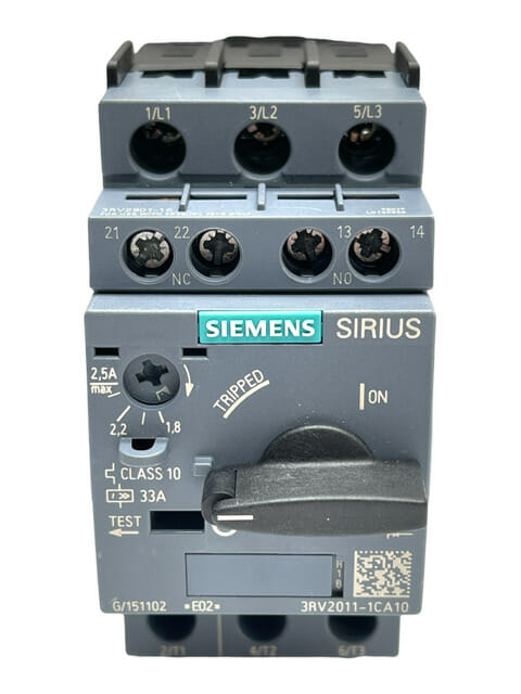 3RV2011-1CA10, Siemens, Sirius,  Interruptor automático tamaño S00 para protección de motores, CLASE 10 Disparador por sobrecarga con retardo según intensidad 1,8...2,5 A