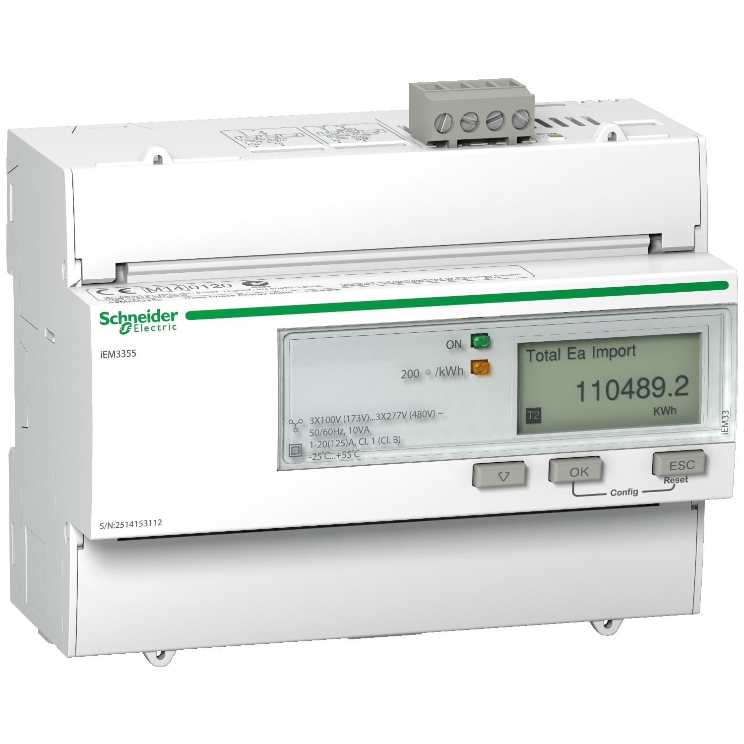 A9MEM3355, SCHNEIDER, Contador de energía, 125 A, Modbus, 1 E digital, 1 S digital, multitarifa.