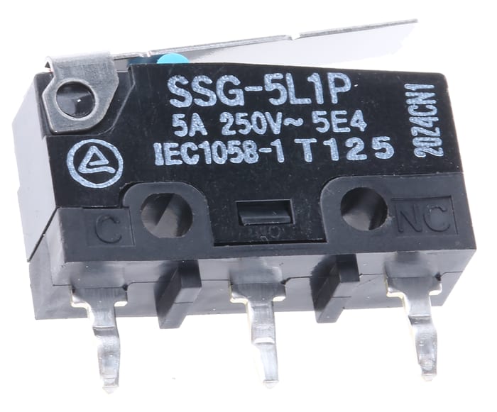 SSG-5L1P, Omron, Microinterruptor Coaxial en Subminiatura, Funcion On-Mom ; (Amps). 5A (AC), 4A (DC)