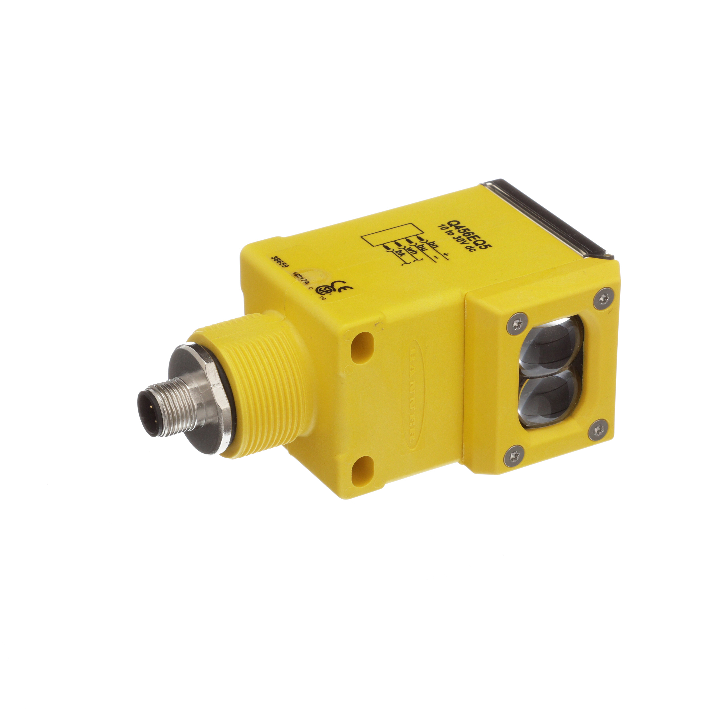 Q456EQ5, Banner Engineering, Serie Q45, Sensores fotoeléctricos, Emisor; Alcance: 60 m; Entrada: 10-30 V CC; Salida: No aplicable; QD integral M12 de 4 pines