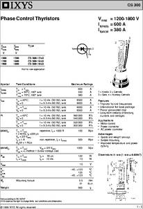 CS300-12IO3, IXYS, Tiristores de control de fase, SCR, 1200-1800 V IT, RMS, 600A IT(AV)M = 380 A 3 4 2 VRSM Tipo VRRM