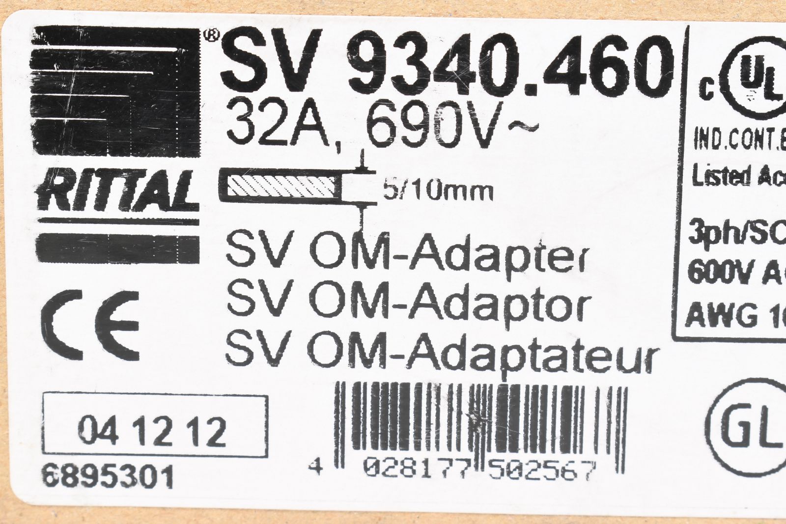 SV9340.460, Rittal, SV OM-Adapter, 32 A, 690 V, 3-polig, Anschlussleitung AWG 10, BH: 55x208 mm, Tragrahmen, Tragschiene TS 55DTechnische Datentr
