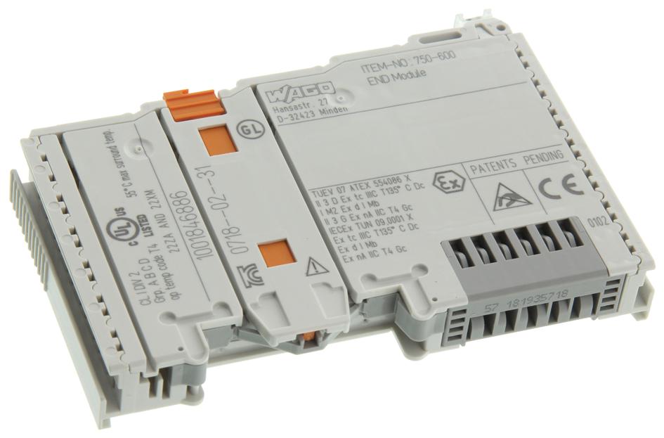 750-600, WAGO, Modulo tapa, End Module, I/O, Fieldbus, Grey, Buscoupler, Fuse Carrier, Din Rail