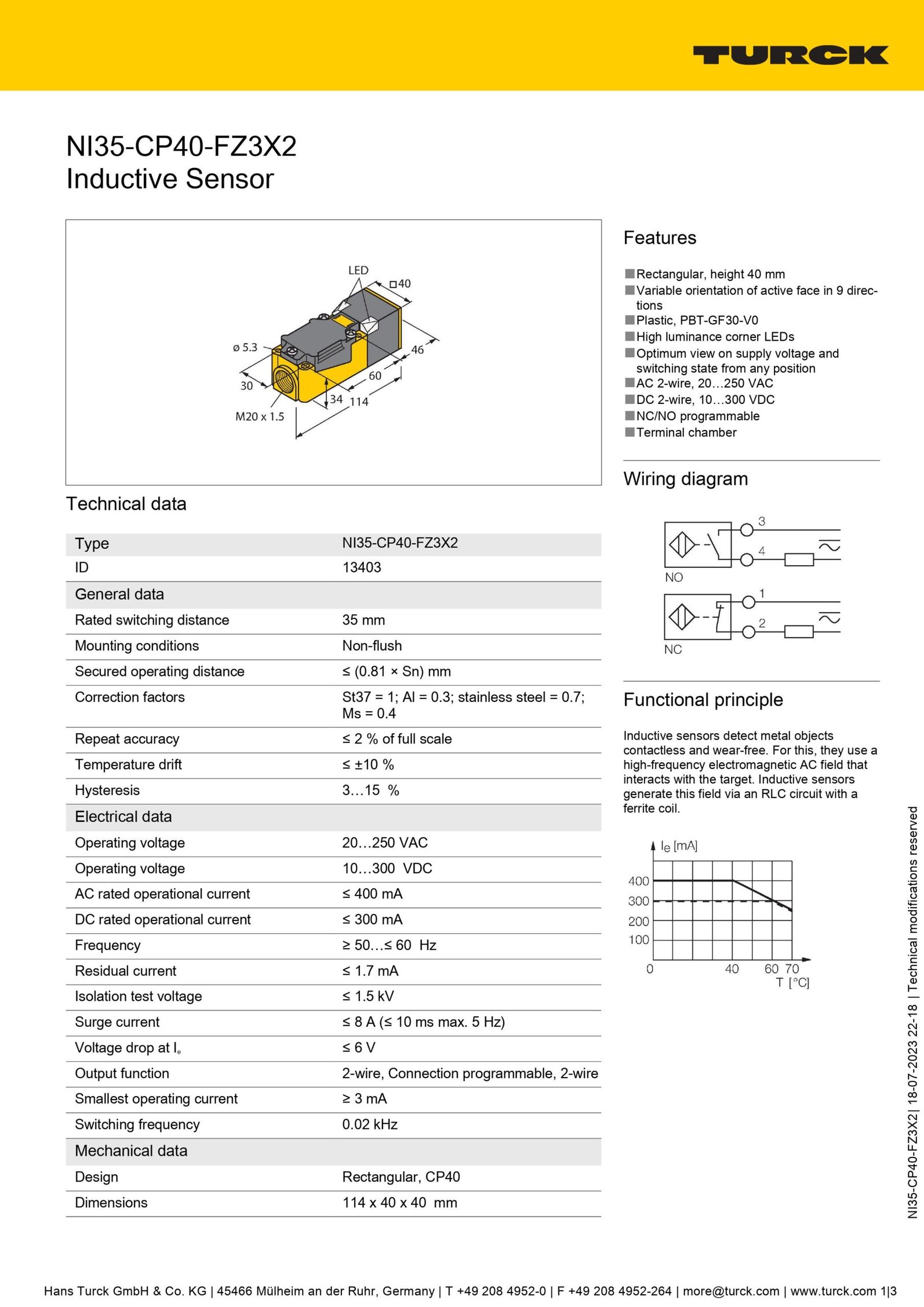 NI35-CP40-FZ3X2, TURCK, Detector de proximidad, inductivo, paralelepípedo, detección 35 mm, 20 250 V c.a./c.c.