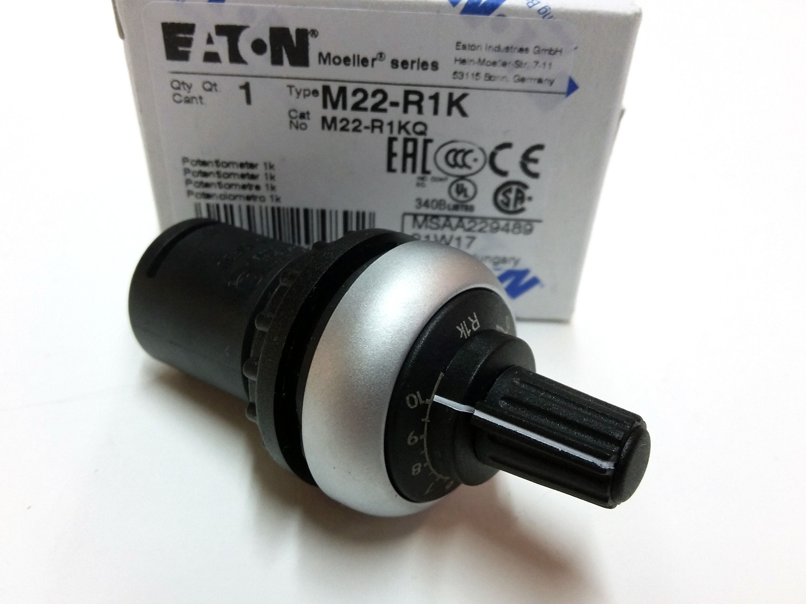 M22-R1K, Eaton Moeller® series M22,  Potenciómetro 1kohm, 22mm, potencia: 0.5 W, IP66, Anillo Titanio