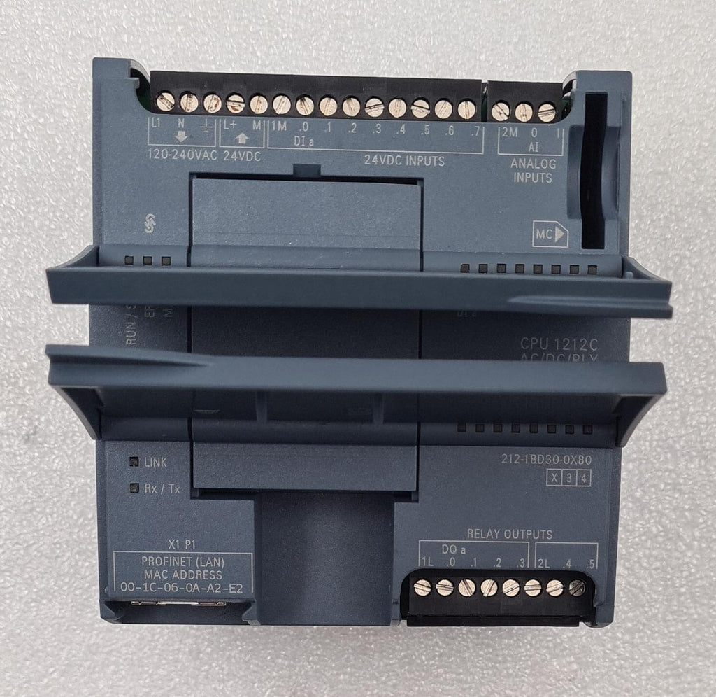 6ES7222-1BD30-0XB0, SIEMENS, CPU 1212C, compact CPU, AC/DC/relay, onboard I/O: 8 DI 24 V DC; 6 DO relay 2 A; 2 AI 0-10 V DC, power supply: AC 85-264 V AC