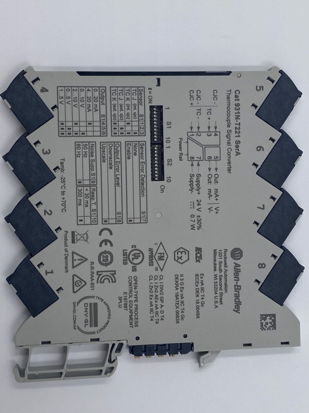931N-T221, Allen Bradley, Entrada Termocupla, TC (Tipo J y K)/CJC interno/CJC externo a salida analógica; Monocanal; 24 VCC;