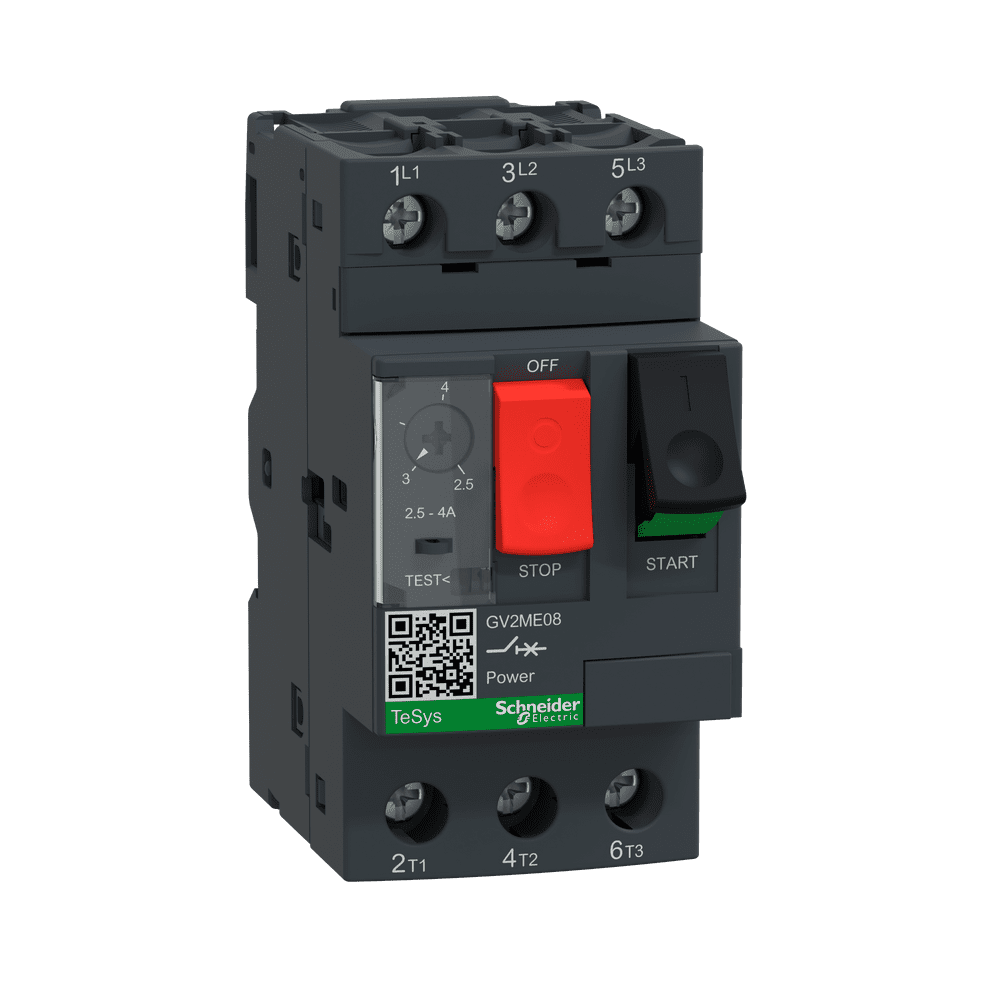 GV2-ME08C, Telemecanique, Disyuntor de motor TeSys GV, 3 polos (3P), 4 A/690 V, para aplicaciones de motor trifásico de 1,1-1,5 kW a 400 V.