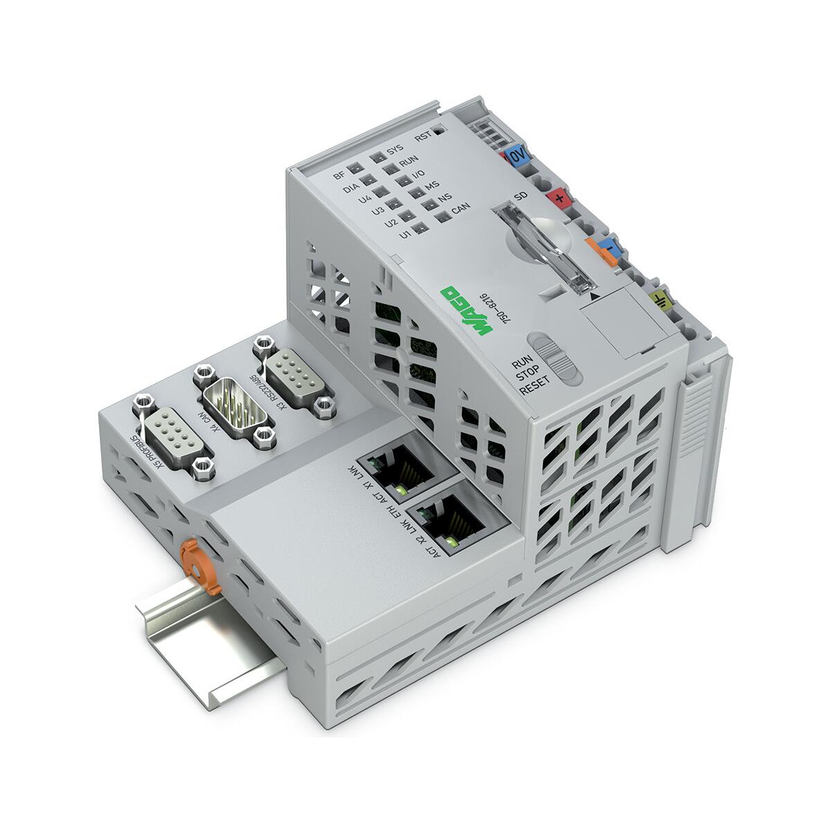 750-8216/025-000, WAGO, Controlador PFC200 (PAC); 2ª Generación; 2 x ETHERNET, RS-232/-485, CAN, CANopen, PROFIBUS-Slave; Rango de temperatura ampliado.