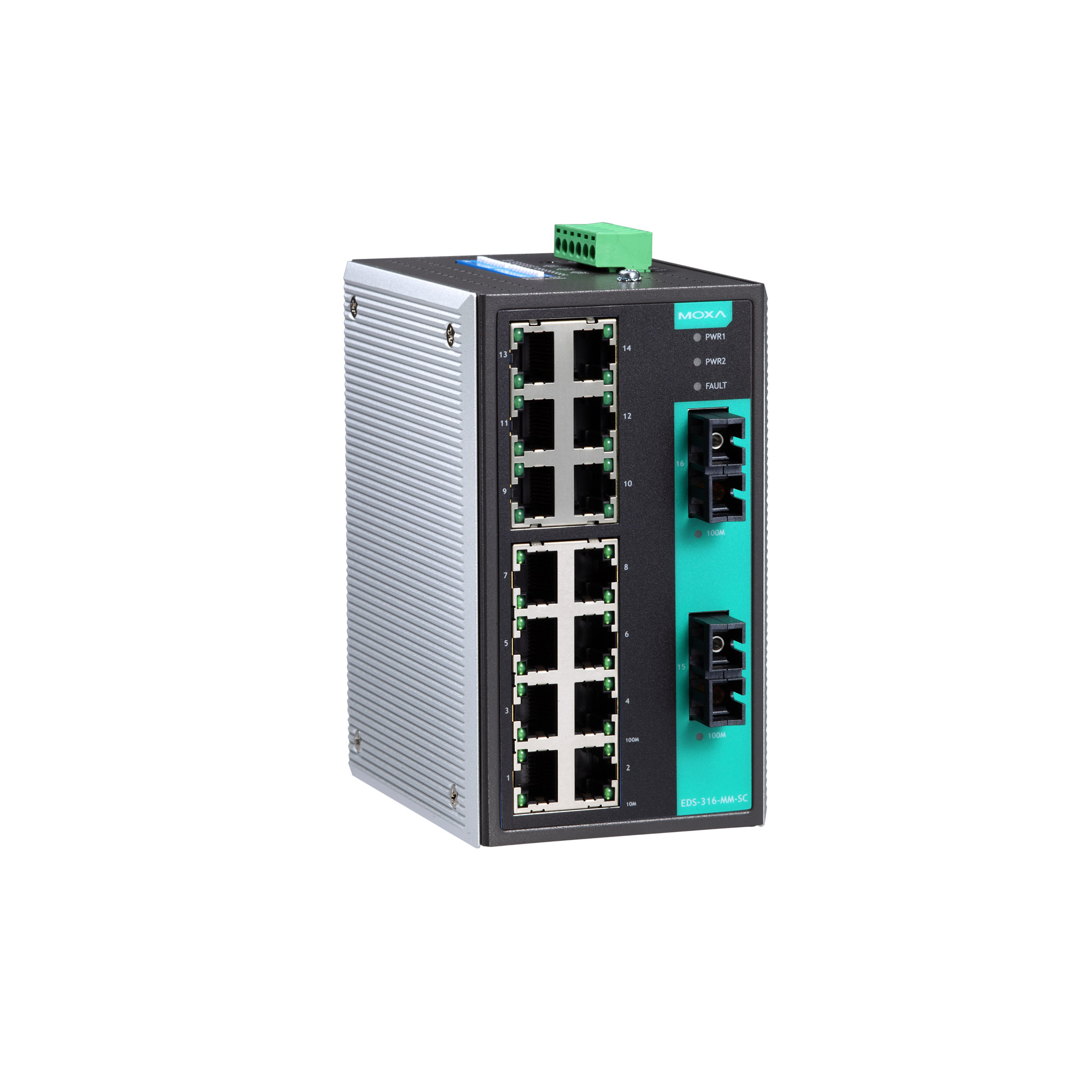 EDS-316-S-SC, MOXA, Conmutador, Modem, Ethernet industrial no administrado con 15 puertos 10/100BaseT(X), 1 puerto 100BaseFX monomodo, conector SC,