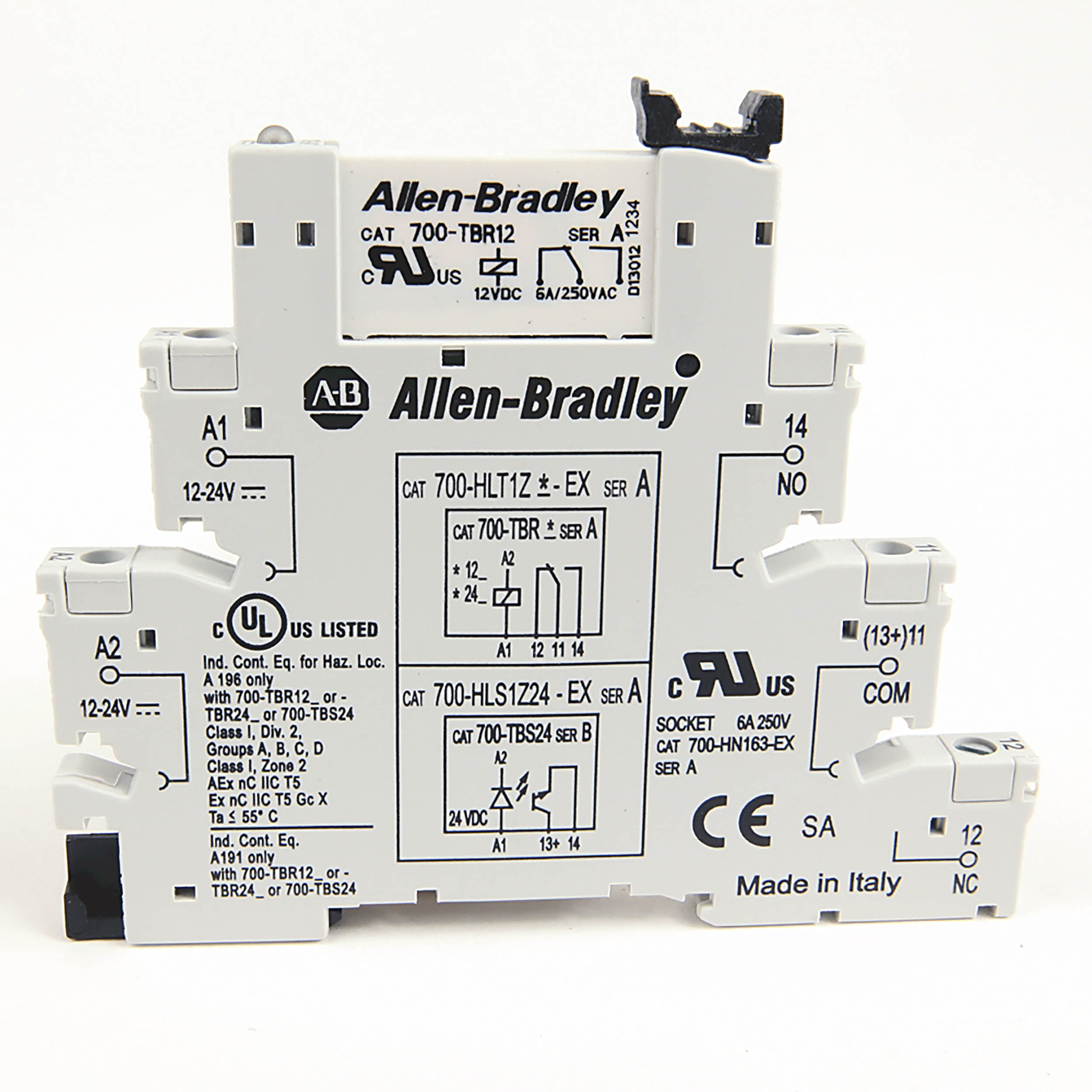 700-HLT1Z24-EX, Allen Bradley, Relé de bloque terminal, GP, 24 V CC, salida de relé electromecánica, terminales de tornillo, SPDT (1 c/o) 6 mm, contactos de plata estándar, sin supresión de corriente de fuga, certificación de ubicación de H