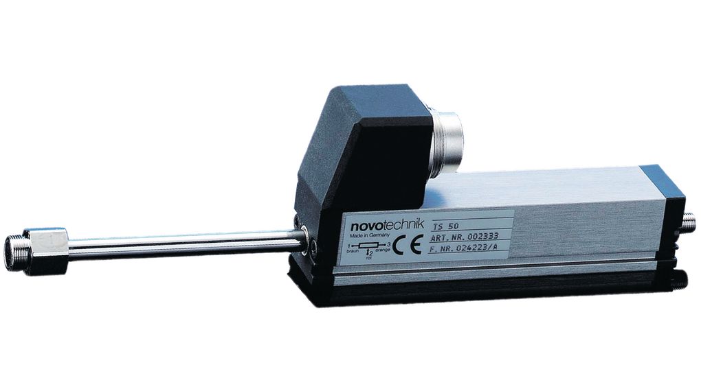 T-0050, Novotechnik, sensor de posición, potenciómetro lineal, divisor de voltaje de 50 mm, 0,15 % y 5 kOhm, terminal de cable de montaje con abrazadera en T
