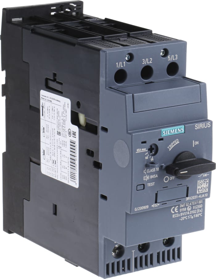 3RV2031-4JA10, Siemens, Motor Protection Circuit Breaker, 690 VAC, 65 A, 4 kA Interrupt, 3 Poles, Thermomagnetic Trip.