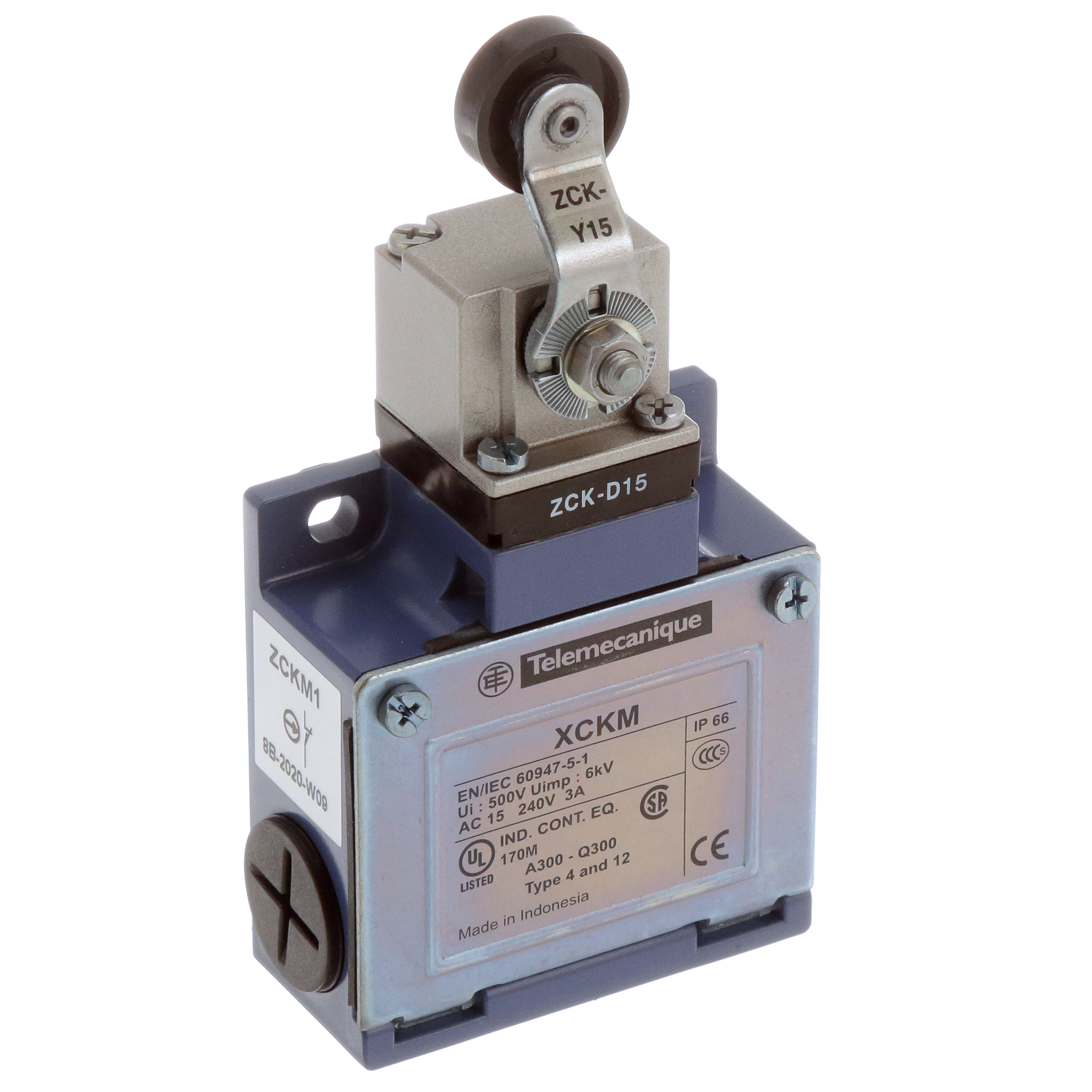 XCKM115, Telemecanique Sensors, Interruptor de límite, Interruptores de límite XC Standard, XCKM, palanca de rodillo termoplástico, 1NC+1 NO, acción rápida,