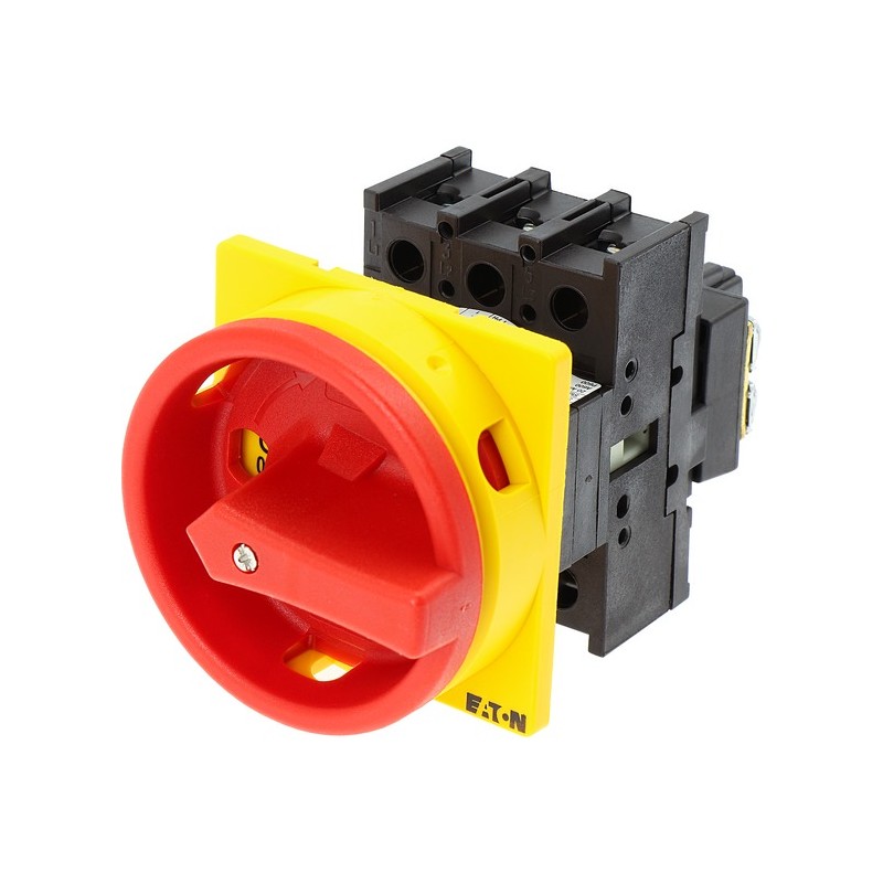 P1-25/I2H/SVB, Eaton, Interruptor principal, P1, 25 A, montaje en superficie, 3 polos, Función de apagado de emergencia, Con manilla giratoria roja y anillo de bloqueo amarillo, Bloqueable