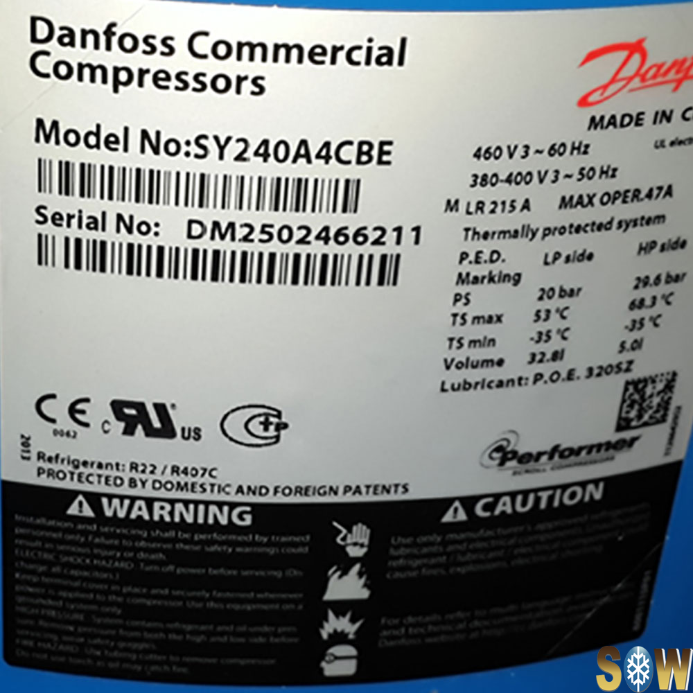 SY240A4CBE, DANFOSS REFRIGERATION, HVAC, Compressor, 40 N-m, gas: R407C; R134a; R513A; R22, 380-415/3/50 460/3/60,