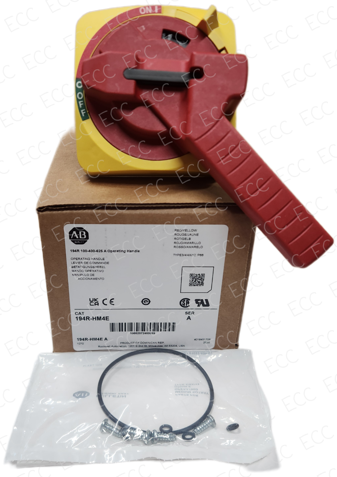 194R-HM4E, Allen Bradley,  Mango de operación con interruptor de desconexión con derrotador, orientación estándar, rojo/amarillo, NEMA tipo 3/4/4X/12 IP66