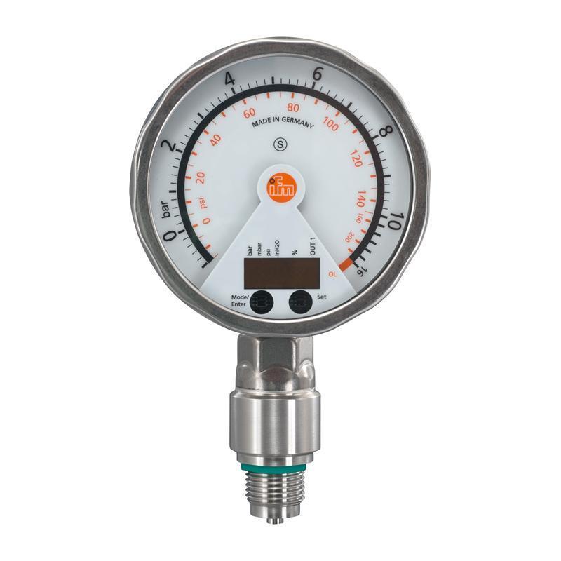 PG2409, IFM, Sensor electrónico de presión, con, visualización analógica, -1...1 bar · 2 salidas: OUT1 = salida de conmutación DC