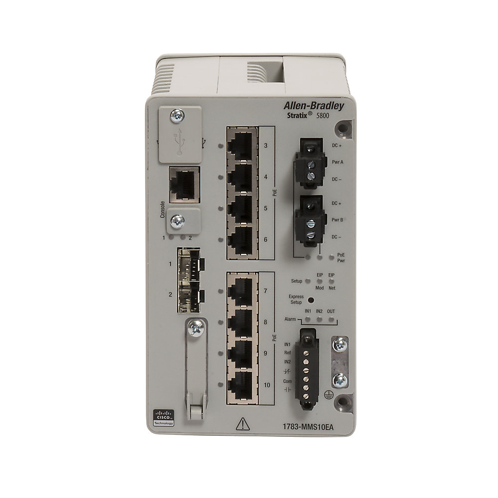 1783-MMS10, Allen Bradley, Switch, Stratix 5800, base modular, 8 puertos de cobre 100/1000, 2 ranuras SFP 100/1000, firewall de capa 2