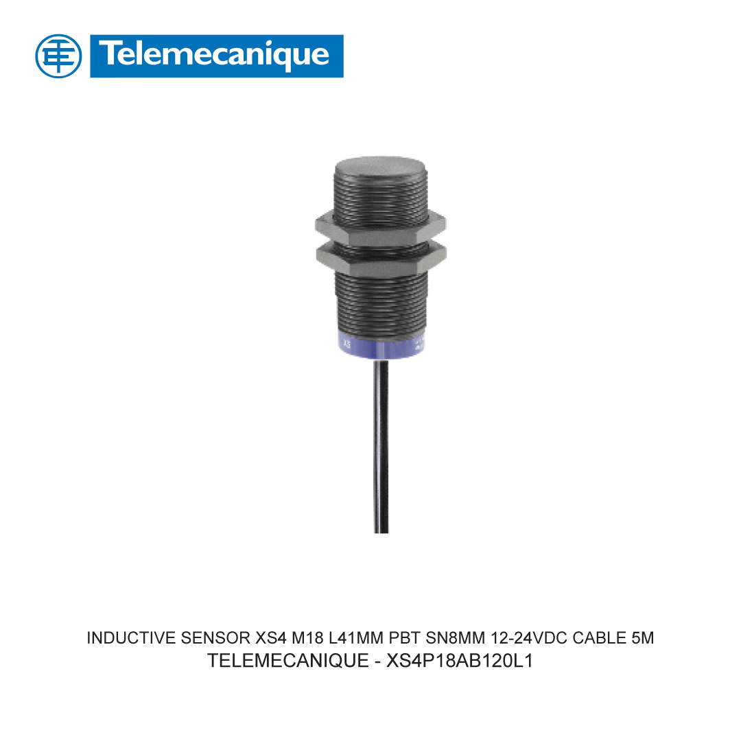 XS4P18AB120, Telemecanique, Sensor, Inductivo, L41mm - PBT - Sn8mm - 12..24VDC - cable 2m.