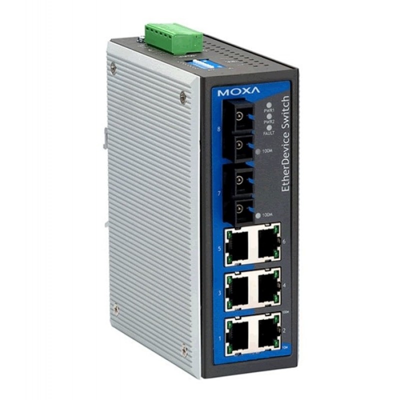 EDS-308-S-SC, MOXA, Conmutador Modem, Ethernet, no administrado con 7 puertos 10/100BaseT(X), 1 puerto monomodo 100BaseFX con conector SC, advertencia de salida de relé, temperatura de funcionamiento de 0 a 60 °C