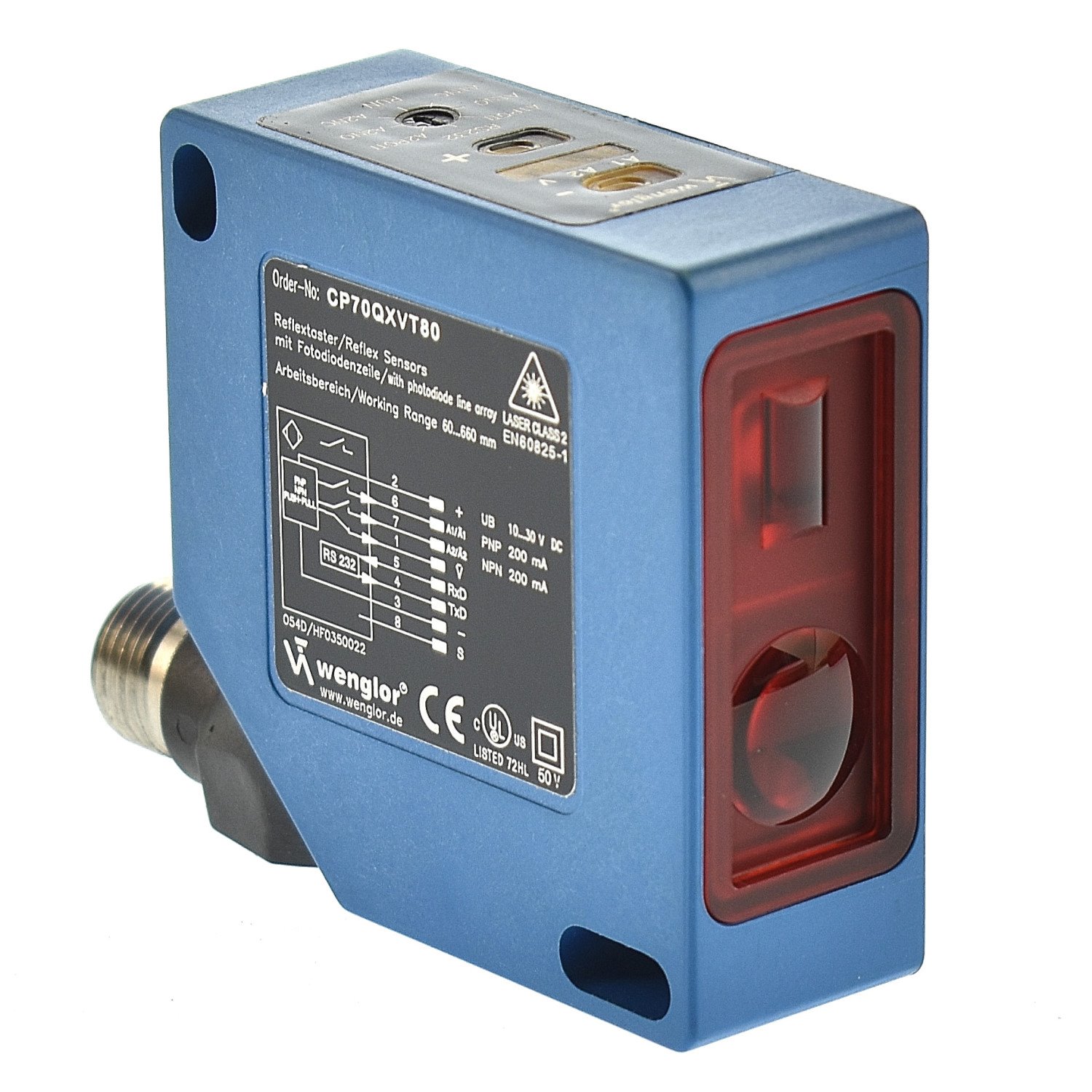 YT89PXVT80, WENGLOR, LASER SENSOR, Rango de medición 400 - 4000 mm. Resolución 8 mm Linealidad 1% Drift de temperatura <1 mm/° C Fuente de luz Red Clase 2