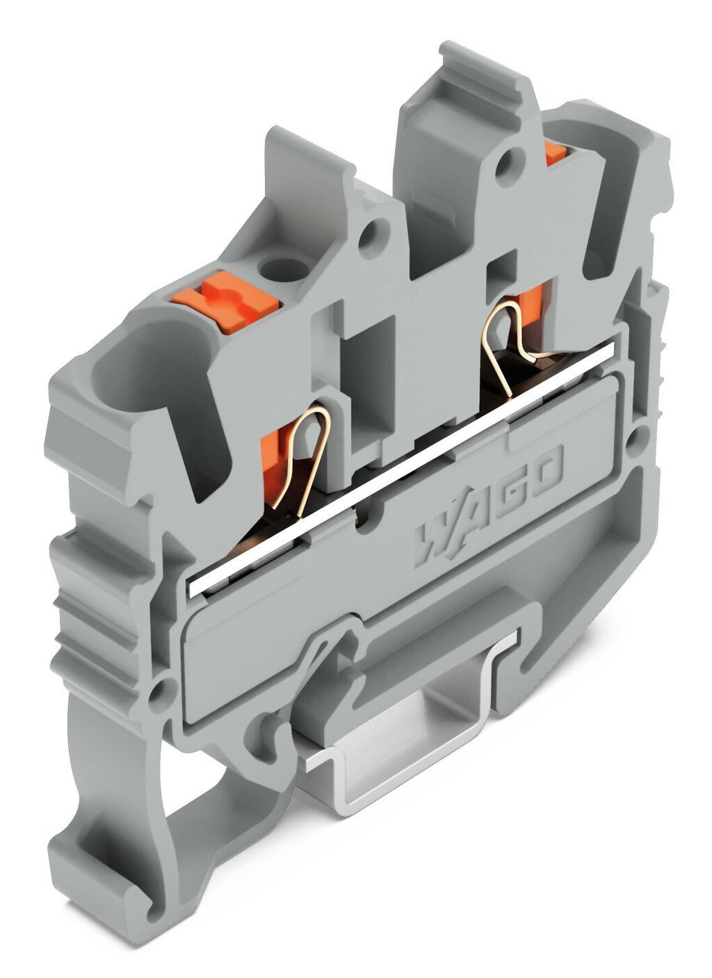 264-701, WAGO, Mini-borna de paso para 2 conductores; 2,5 mm²; con posibilidad de prueba; Marcaje central; para carril DIN 15; CAGE CLAMP®; 2,50 mm²; gris
