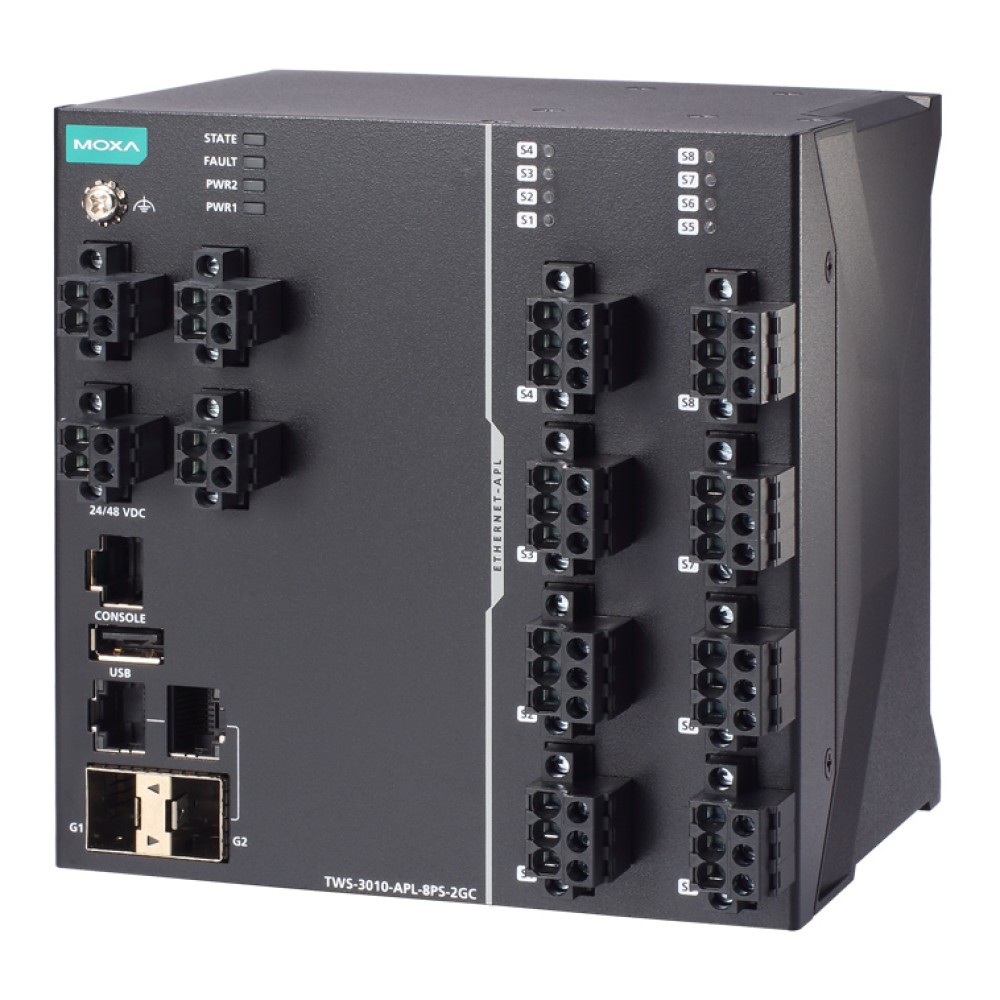 TWS-3010-APL-8PS-2GC-T, MOXA, Argentina, Conmutador de campo Moxa Managed Ethernet-APL con (2) puertos 10/100/1000BTX o 100/1000BaseSFP, (8) puertos de derivación 10BASE-T1L con clases de alimentación APL A/C y alimentación dual de 24/48 VC