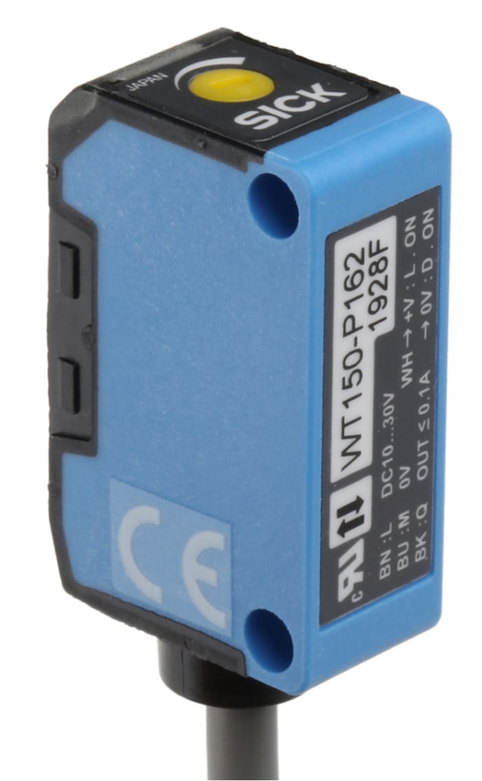 WT150-P162, SICK, Fotocélula rectangular, Sistema Difuso, alcance 2 mm → 100 mm, salida PNP, Cable de 4 hilos de 2 m., IP67