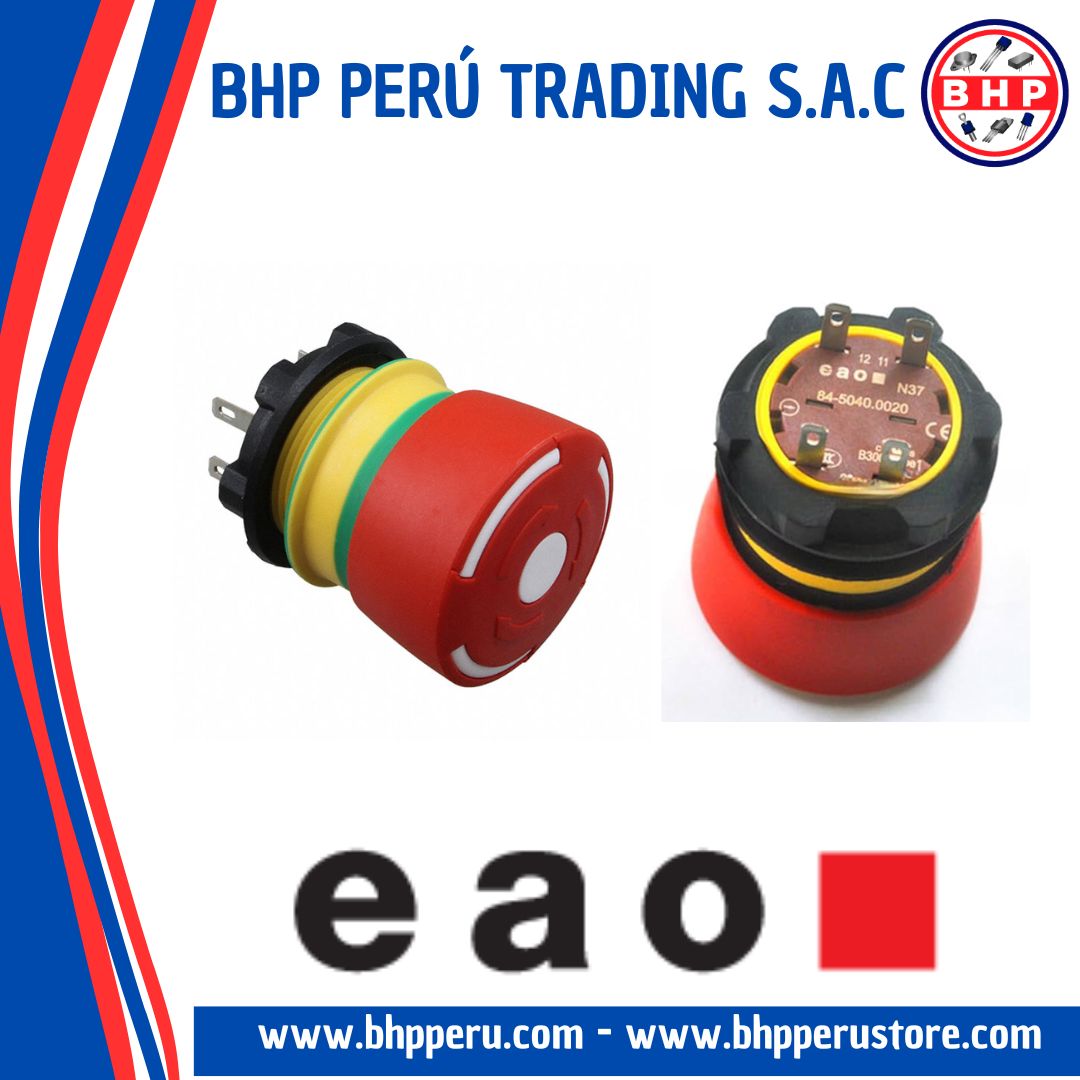 84-5040.0020, EAO, Interruptores de parada de emergencia, 32 mm, 2NC, MAINT, desbloqueo por giro, sin iluminación, IP65, 5 A, 250 V CA, enchufe