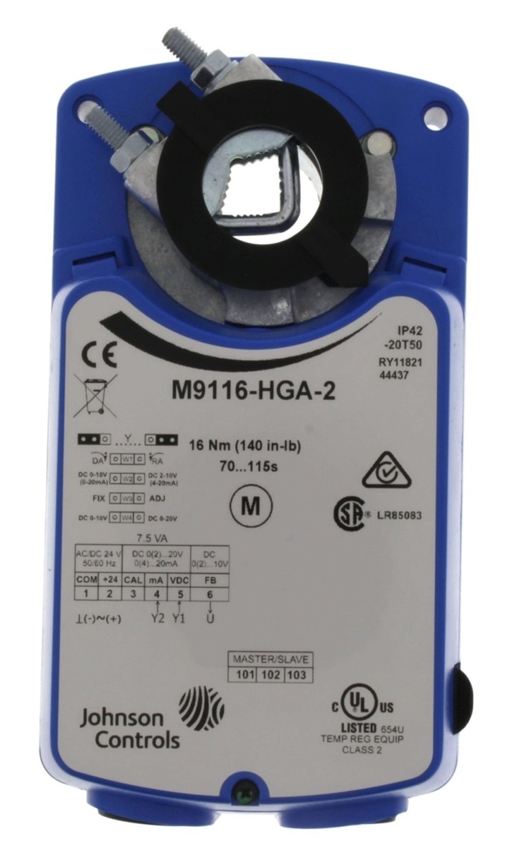 M9116-HGA-2, Johnson Controls, Actuador eléctrico sin retorno por resorte, CC 0-10 V, sin interruptor auxiliar, par de 140 lb-pulg, 16Nm.