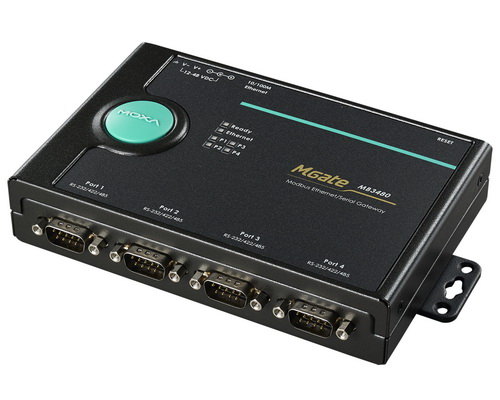 MB3480, Moxa, 4-port standard Modbus gateway. Ethernet Interface: 10/100BaseT(X) Ports (RJ45 connector). Auto MDI/MDI-X connection