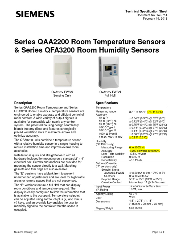 QFA32SS.EWSN, Sensor de temperatura y humedad Siemens, montaje en pared, -40°F a 158°F, 0 a 10V CC/4 a 20 mA, policarbonato
