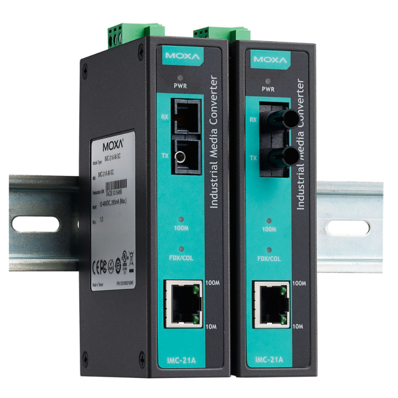 IMC-21A-S-SC, Moxa, Convertidor de medios industrial 10/100BaseT(X) a 100BaseFX, monomodo, conector de fibra SC, temperatura de funcionamiento de -10 a 60 °C