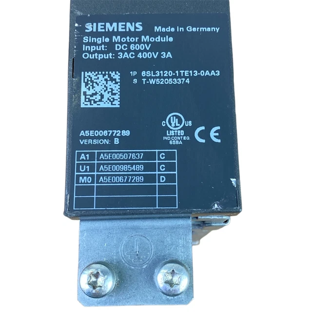 6SL3120-1TE13-0AA3, Siemens, Módulo de motor único, SINAMICS S120, Entrada: 600 V DC Salida: 400 V 3 AC, 3 A Tipo de construcción: tamaño libro Refrigeración por aire interna Patrones de pulsos optimizados.