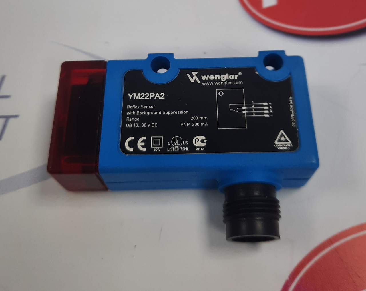 YM22PA2, Wenglor, Sensor réflex con supresión de fondo, fibra optcia, 200mm, rango, no/nc, 4 pin,
