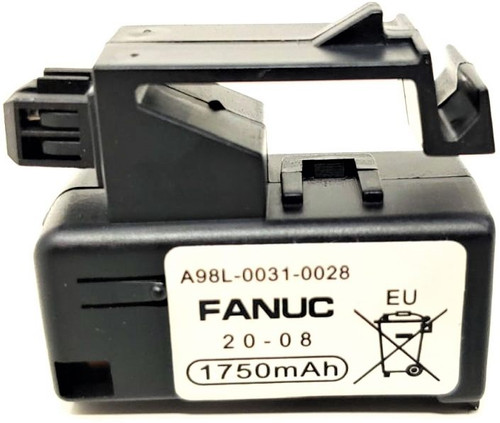A98L-0031-0028, FANUC, Batería de estuche rígido de cartucho de litio, tipo conector fijo de 3 voltios, 1750 mAh, 4 pines.