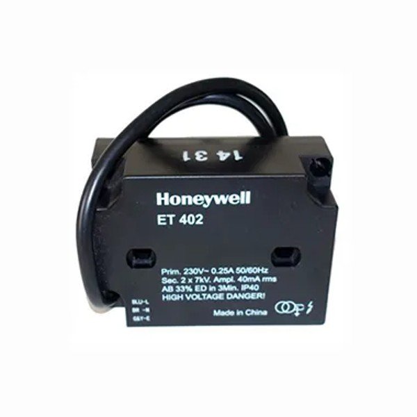 ET401A, Honeywell, Transformador de encendido, serie ET de 230 V ET401A, 14 Kv · Fuente de alimentación: 230 VCA · Corriente secundaria: < 40 mA, Frecuencia secundaria: 20 kHz