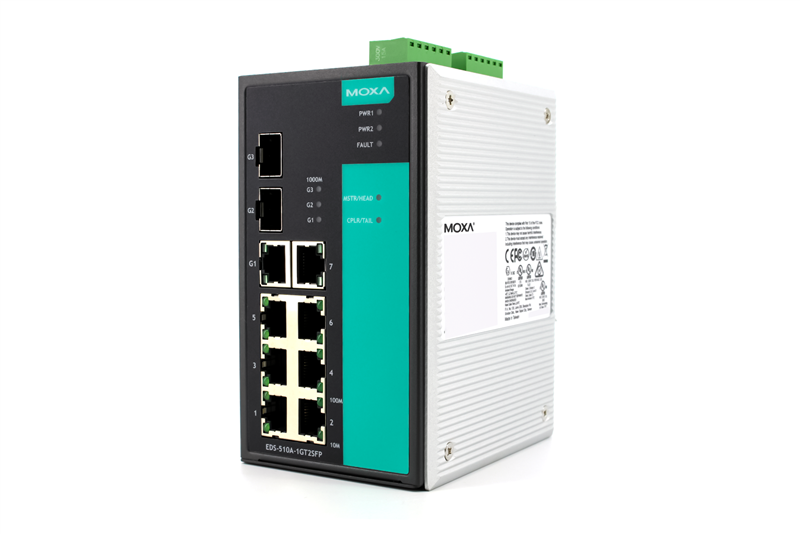 EDS-510A-1GT2SFP, MOXA, Switch Ethernet, administrado, con 2 puertos minigbits, 1 x 10/1001000 BaseTx y 7 x 10/100 BaseTx con VLAN, IGMP