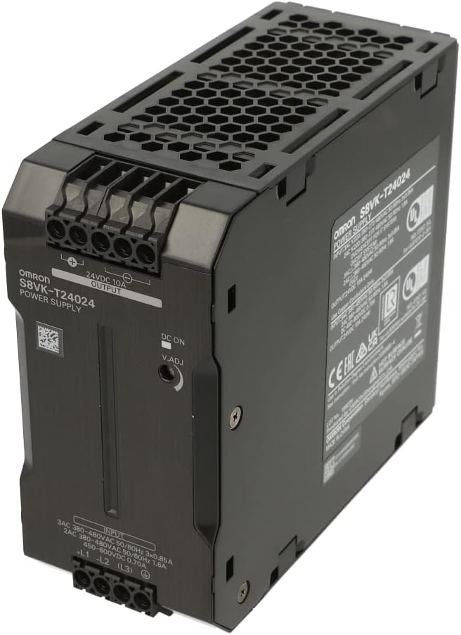 S8VK-T24024, Omron Automation, 3-Phase 200V Power Supply offers a 24VDC output using 170 to 264VAC input, and a 240 to 960W power rating.