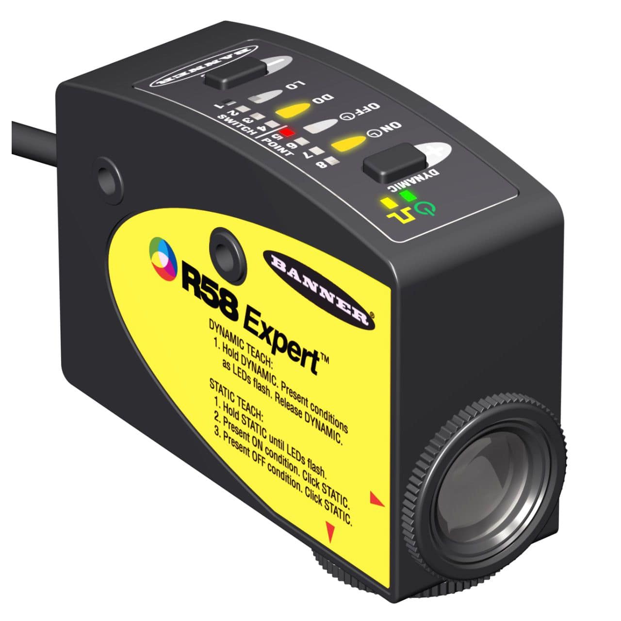 R58ECRGB1Q8, R58 EXPERT, Banner Engineering Corp,  Registro sensor de marca. Aporte; 10-30 V CC. Salida: Bipolar; 1 PNP; 1 PNP. Haz de detección perpendicular. Cable de 2m