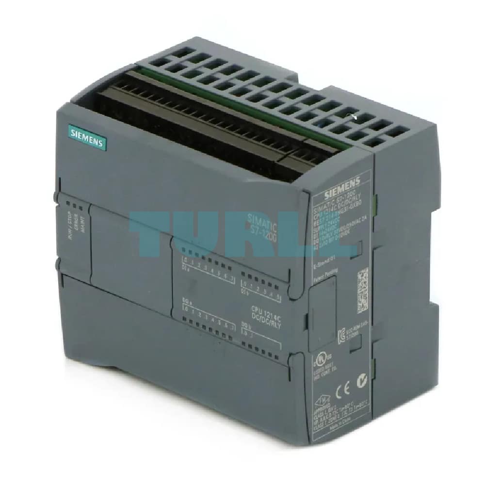 6ES7214-1HG31-0XB0, Siemens, SIMATIC S7-1200, CPU 1214C, compact CPU, DC/DC/relay, onboard I/O: 14 DI 24 V DC; 10 DO relay 2 A; 2 AI 0-10 V DC
